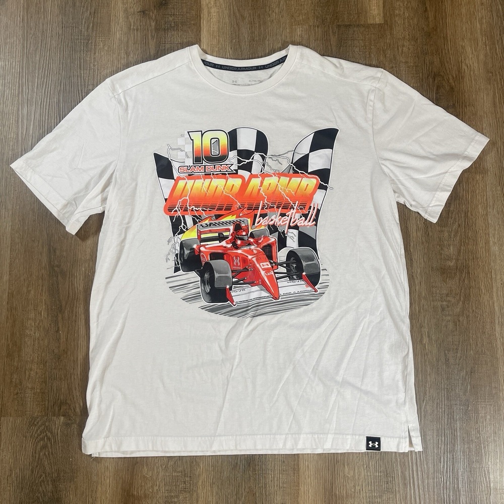 Under Armour T-Shirt Size XL White Loose Fit Graphic Racing‎